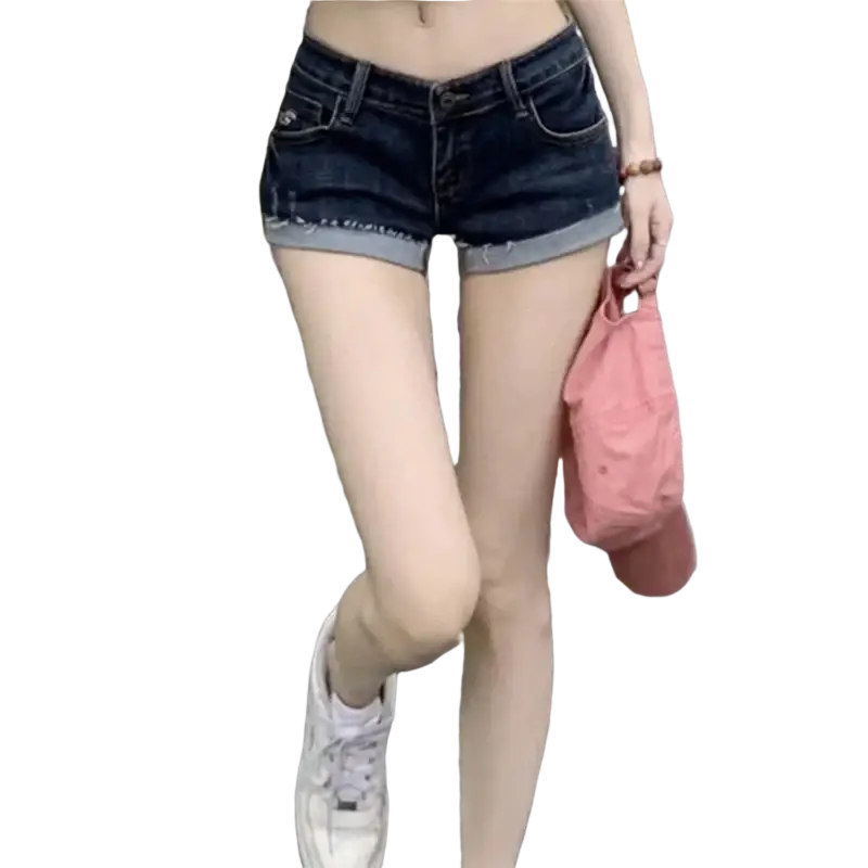 Women dark blue slim fit denim shorts with rolled-up cuffs made from durable cotton fabric