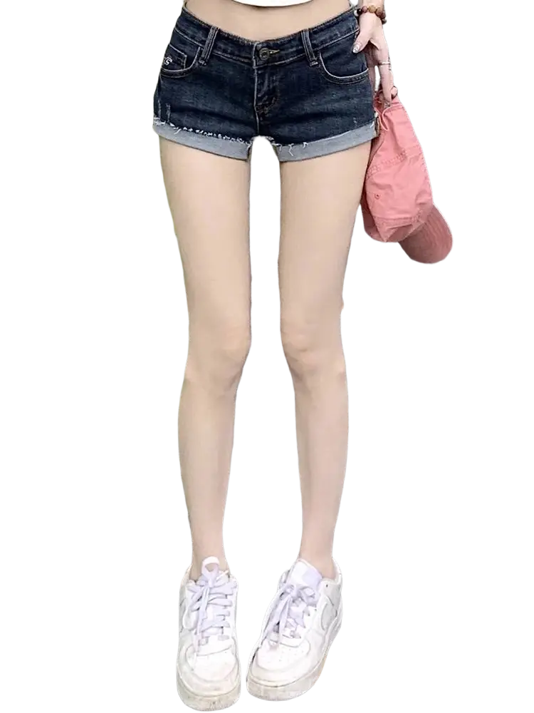 Women dark blue denim shorts slim fit with rolled-up cuffs made of durable denim material