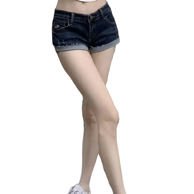 Women dark blue slim fit denim shorts with frayed hem made of durable cotton for casual summer wear