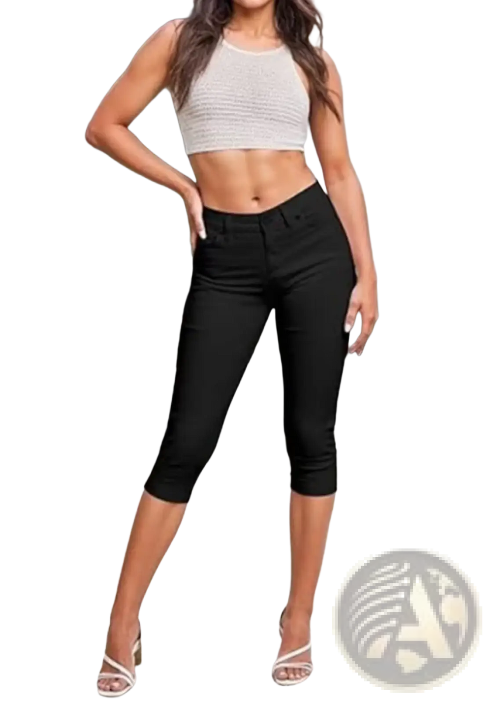 Black women denim capri shorts with sleek fitted design stretch material and classic five-pocket styling for casual wear