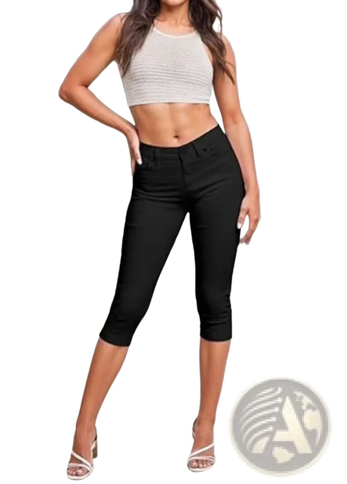 Black women denim capri shorts with sleek fitted design stretch material and classic five-pocket styling for casual wear