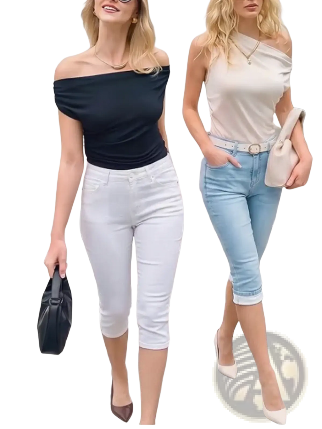 Black leather handbag with a structured minimalist design paired with women denim capri shorts stretch casual pants