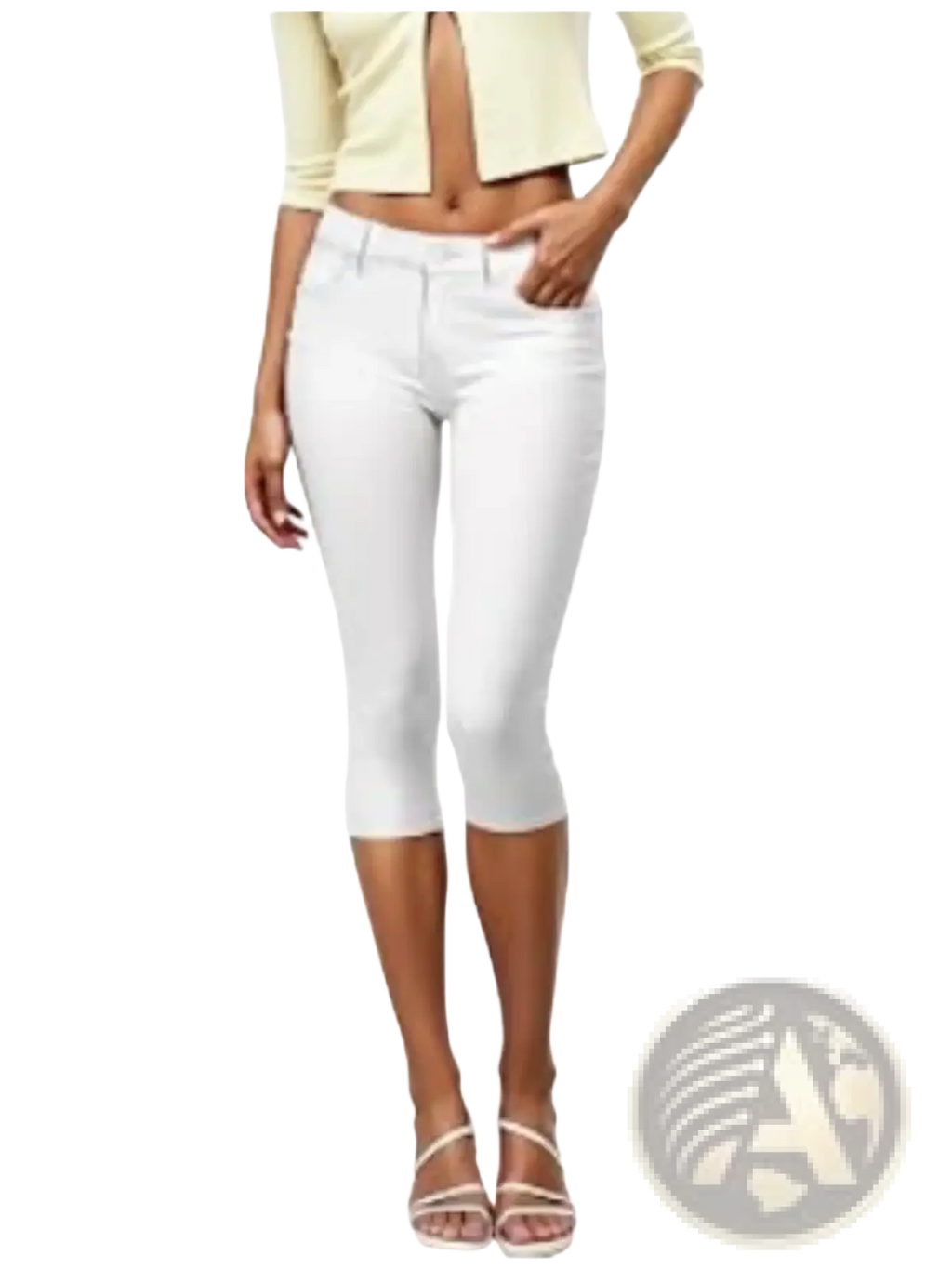 Women denim capri shorts in white stretch denim with a sleek fitted design and subtle stitching details for casual wear