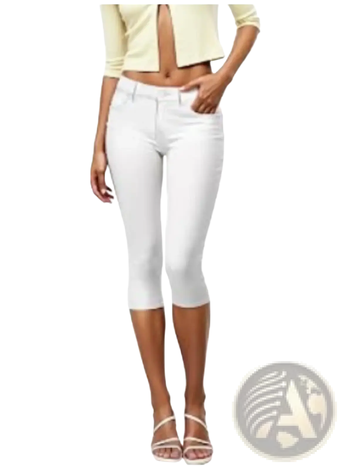 Women denim capri shorts in white stretch denim with a sleek fitted design and subtle stitching details for casual wear