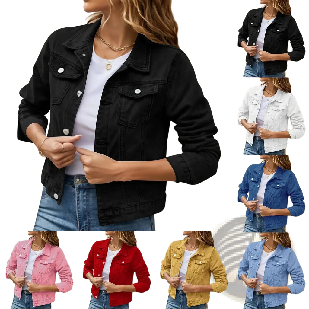 Women denim jacket casual button down jean coat in black denim with classic button closure and front pockets