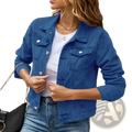 Blue denim jacket for women featuring silver buttons and chest pockets in a casual button down jean coat style