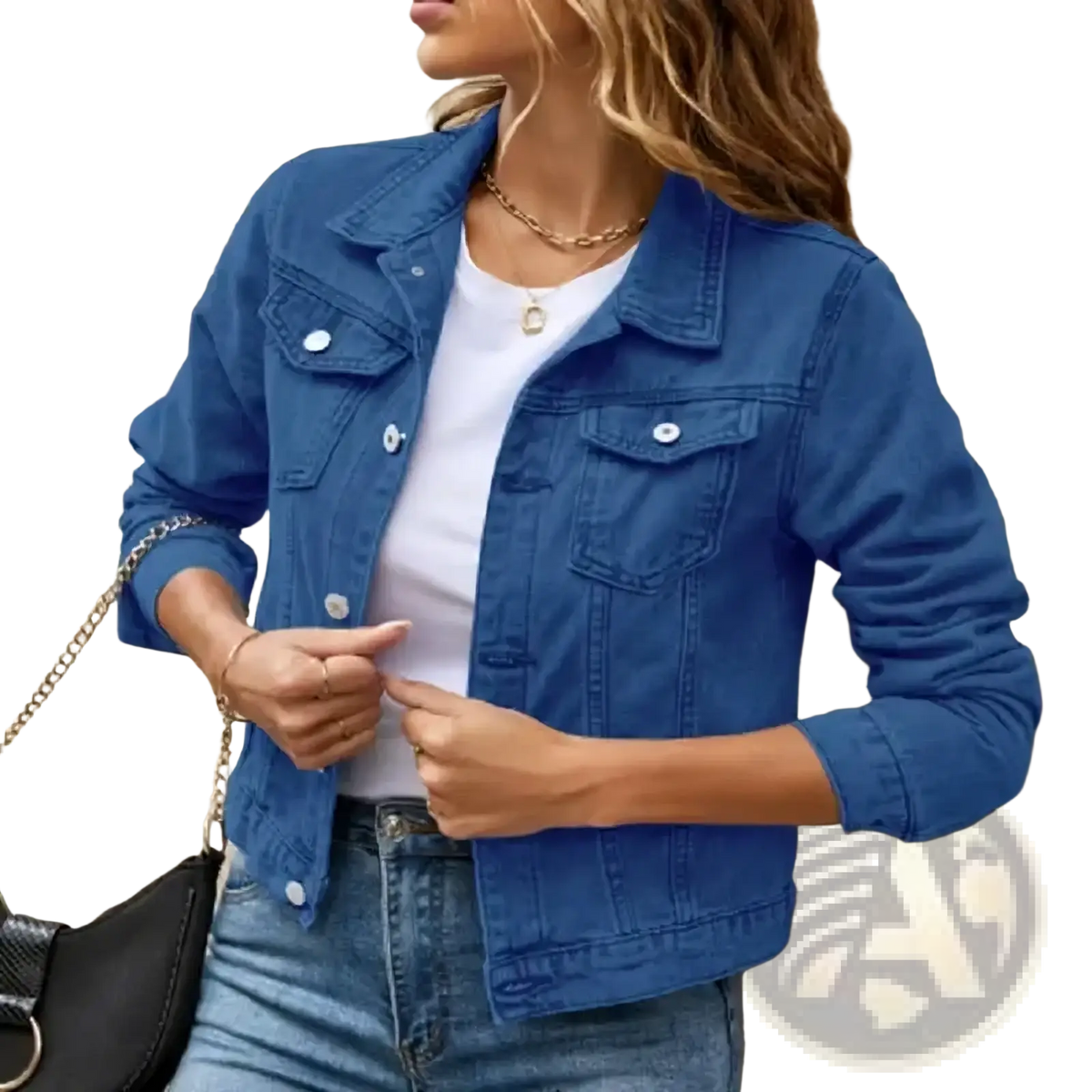 Blue denim jacket for women featuring silver buttons and chest pockets in a casual button down jean coat style