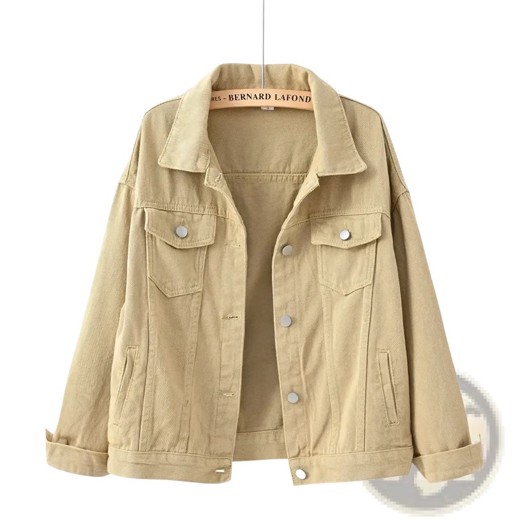 Beige women denim jacket made of denim with silver buttons and a classic collar for casual button outerwear