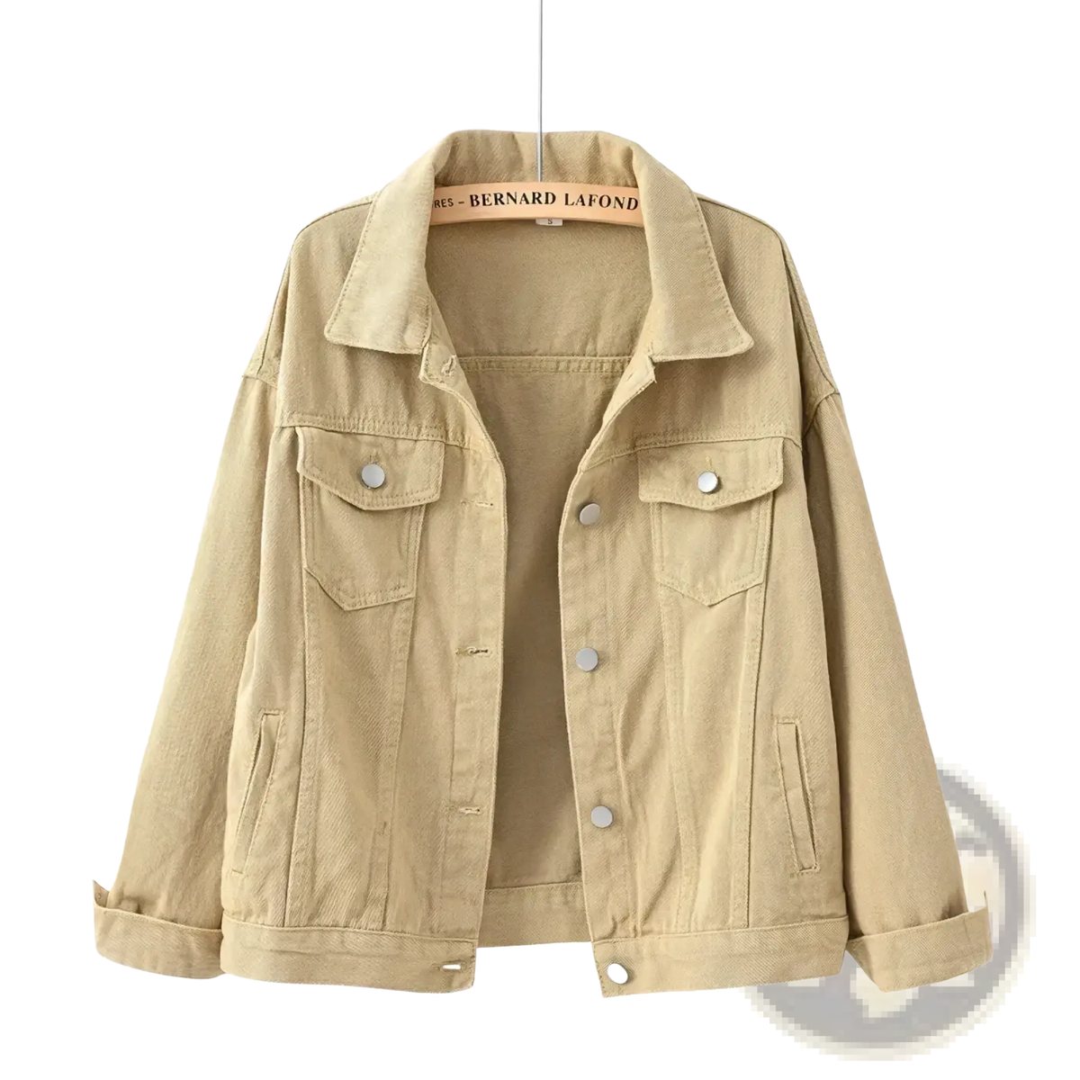 Beige women denim jacket made of denim with silver buttons and a classic collar for casual button outerwear