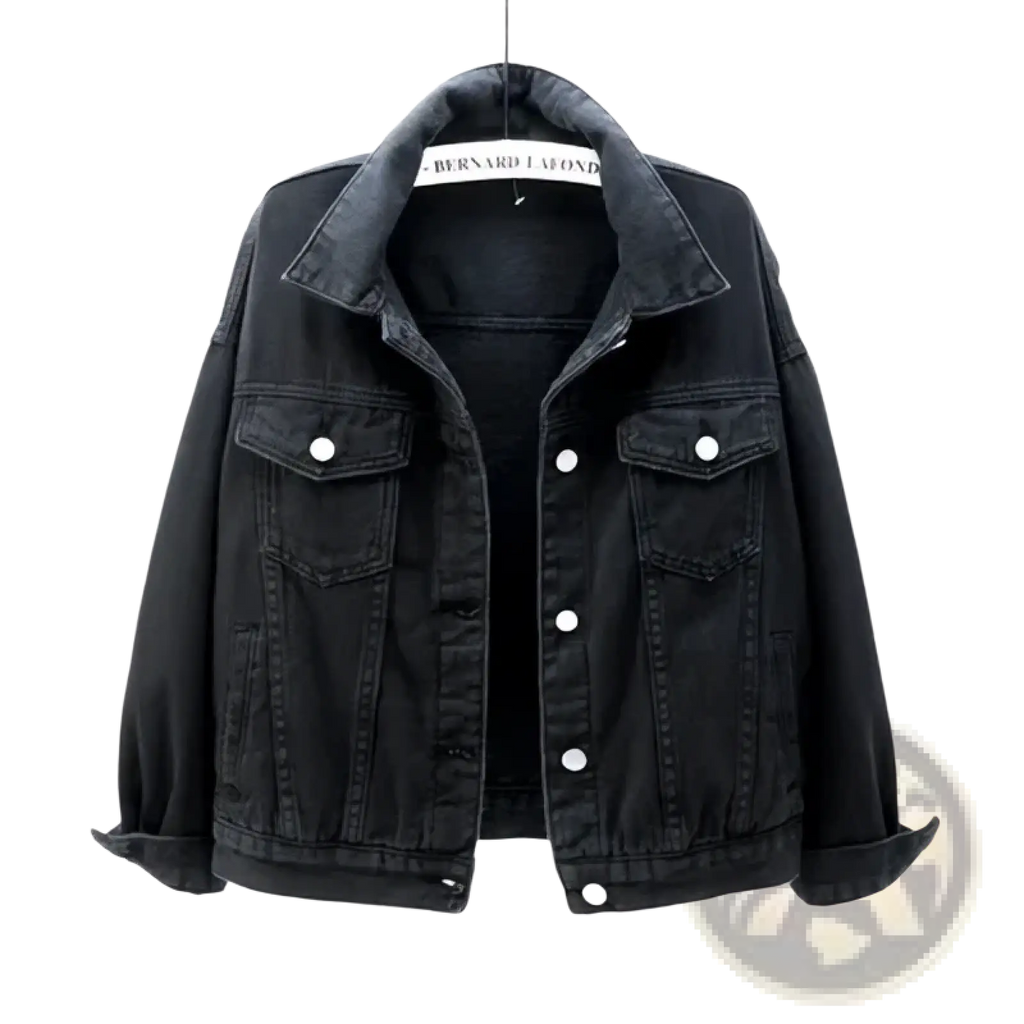 Women denim jacket casual button outerwear in black denim with classic collar and two chest pockets