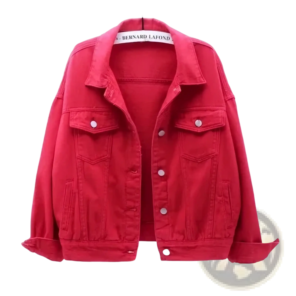 Women denim jacket casual button outerwear in vibrant red denim with silver buttons and two front pockets