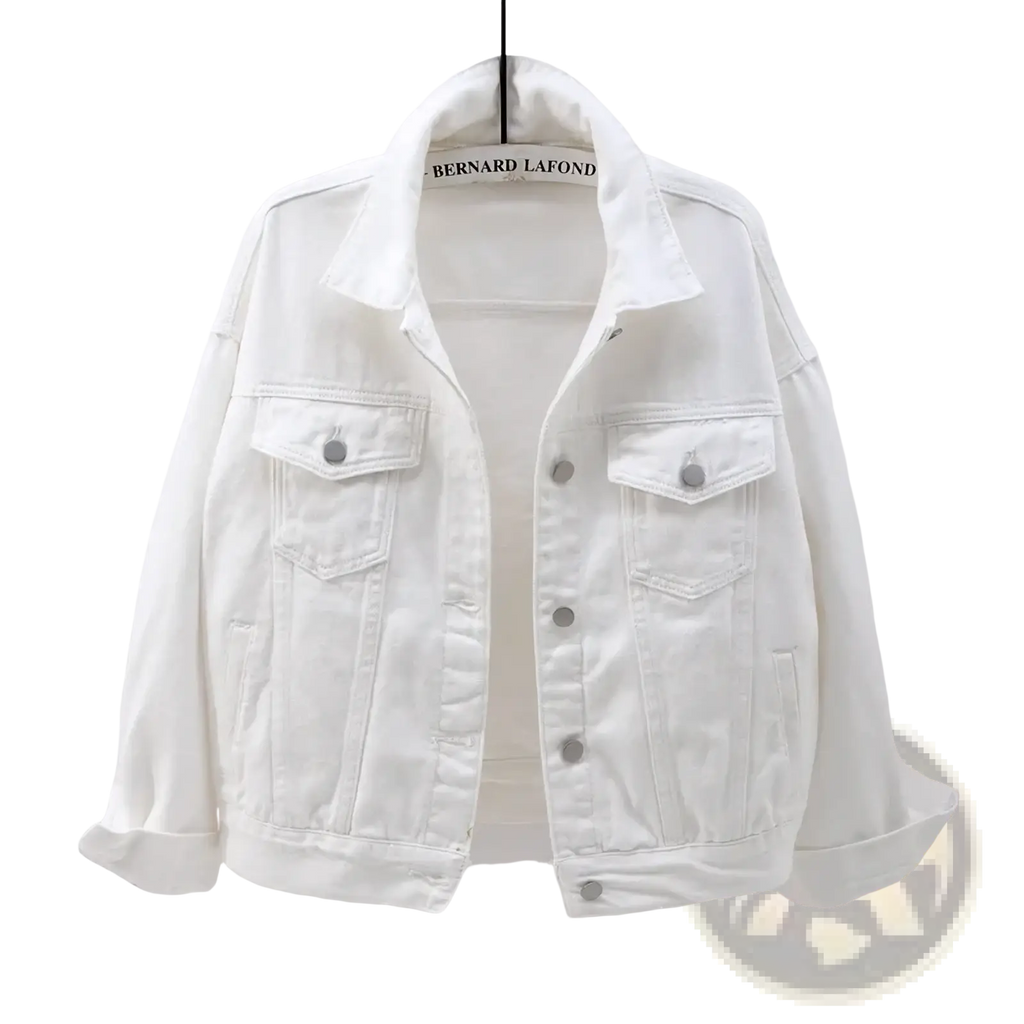Women denim jacket casual button outerwear in white denim with classic collar and two front pockets