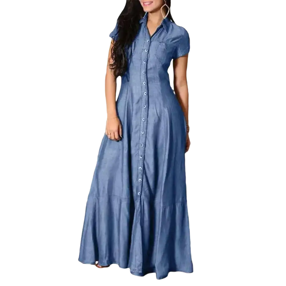 A women denim maxi dress with short sleeves button-down front and ruffle hem in long blue denim fabric