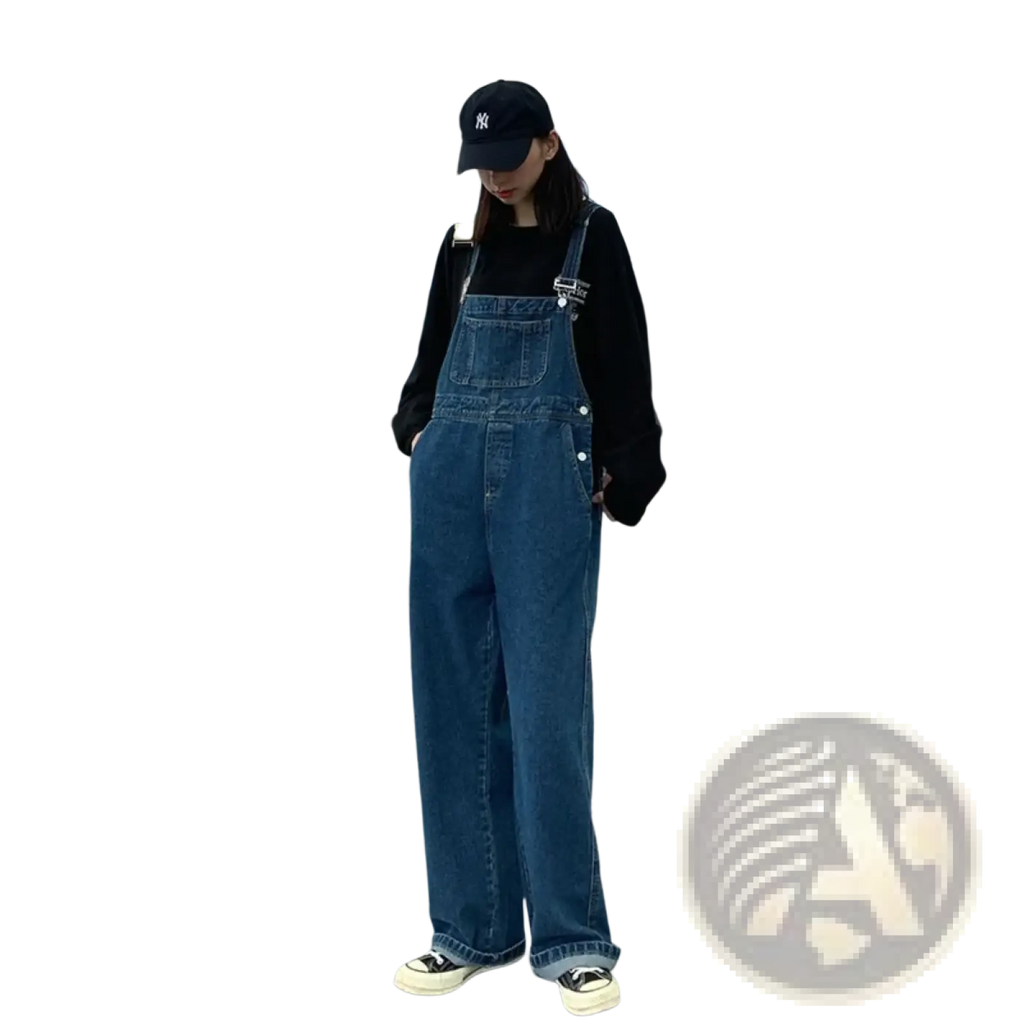 Blue denim overalls for women with adjustable straps and button closures wide leg suspender pants