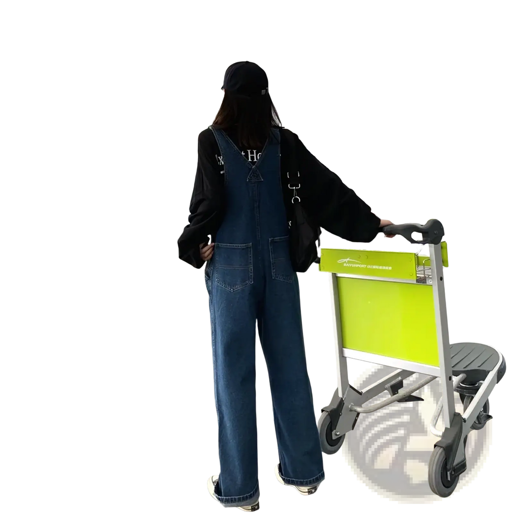 Women denim overalls wide leg suspender pants in blue denim paired with a black long-sleeved shirt and cap