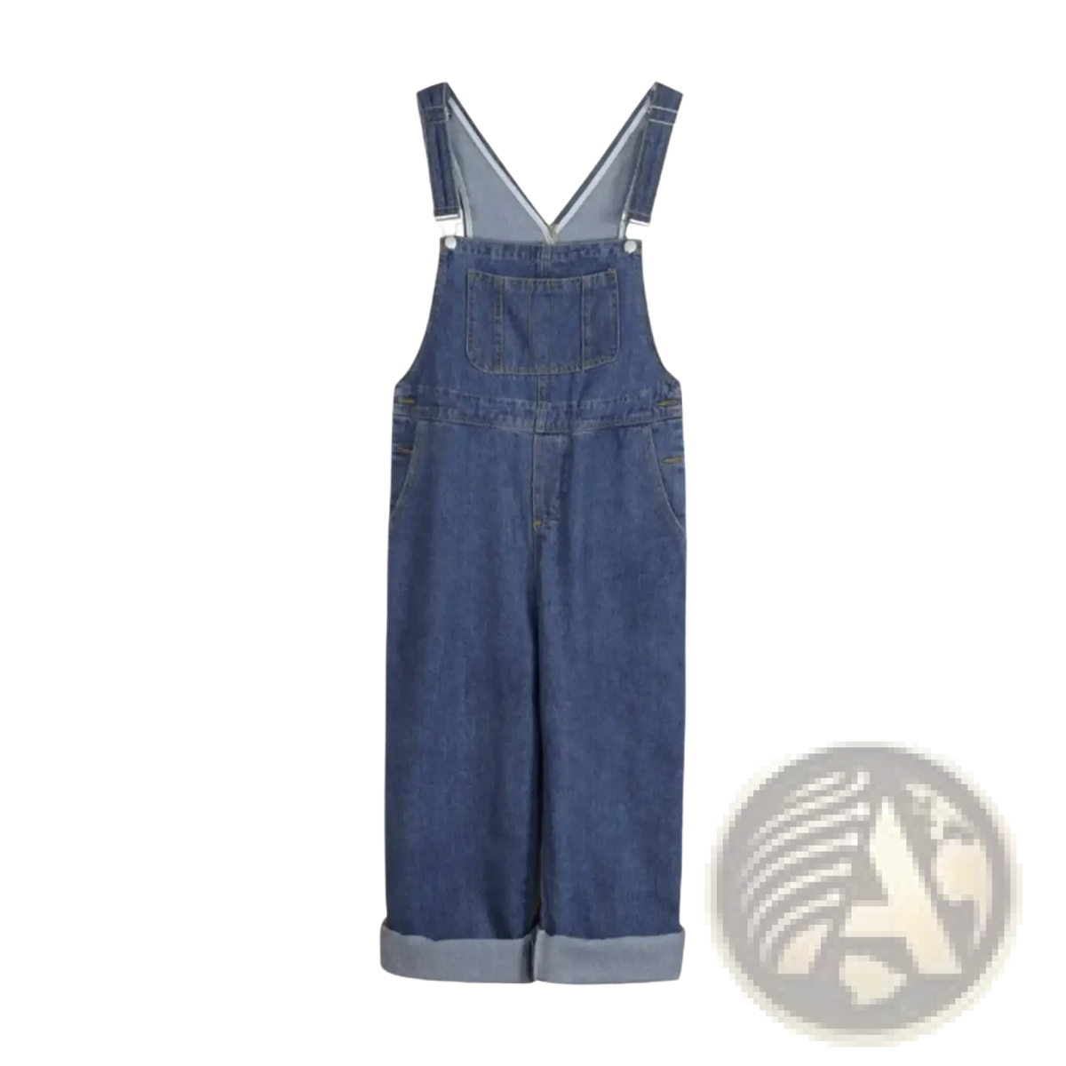 Women denim overalls wide leg suspender pants in blue with rolled-up cuffs and classic v-neck strap design