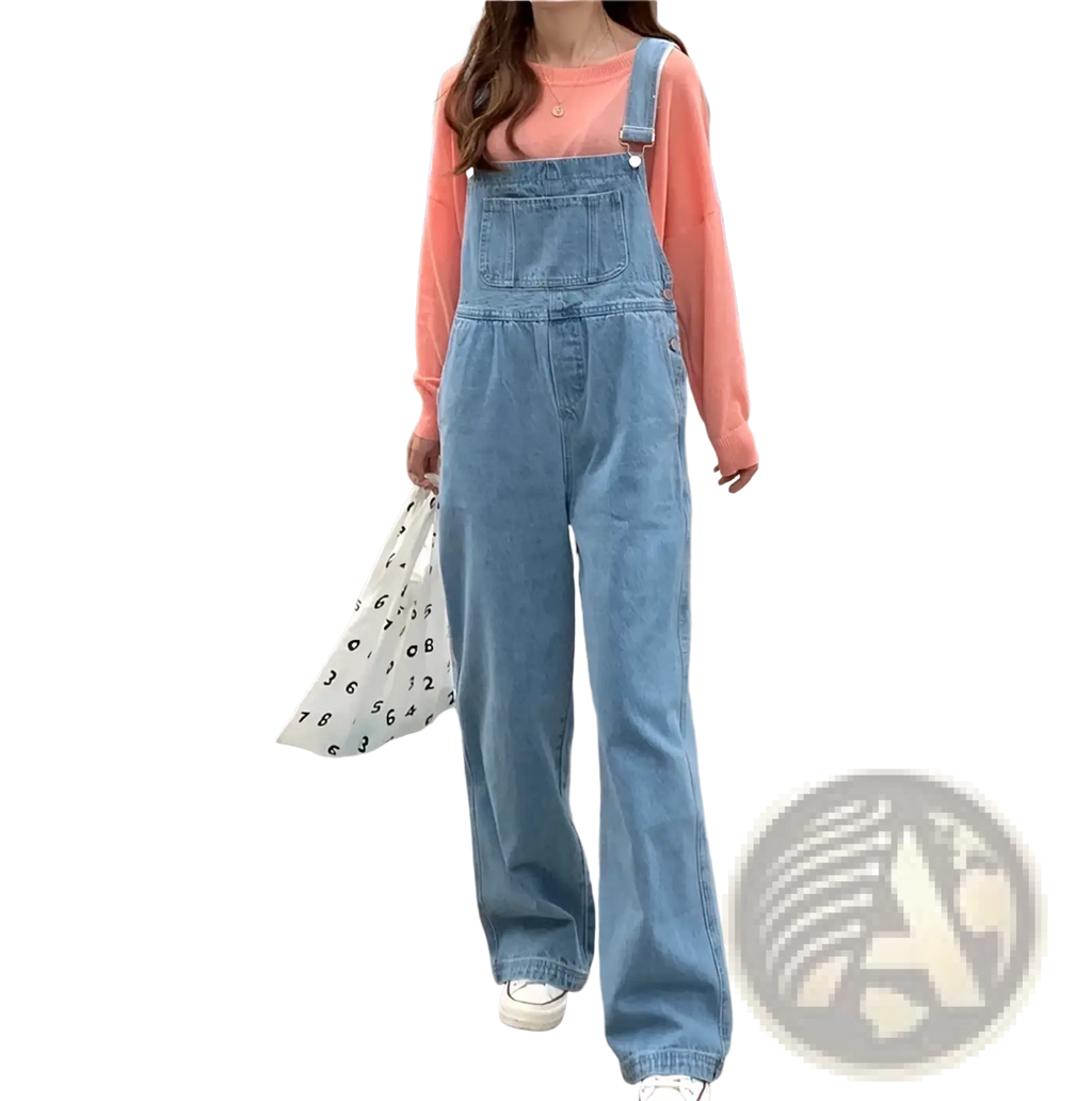 Light-wash denim overalls with adjustable shoulder straps and a relaxed wide-leg cut for women