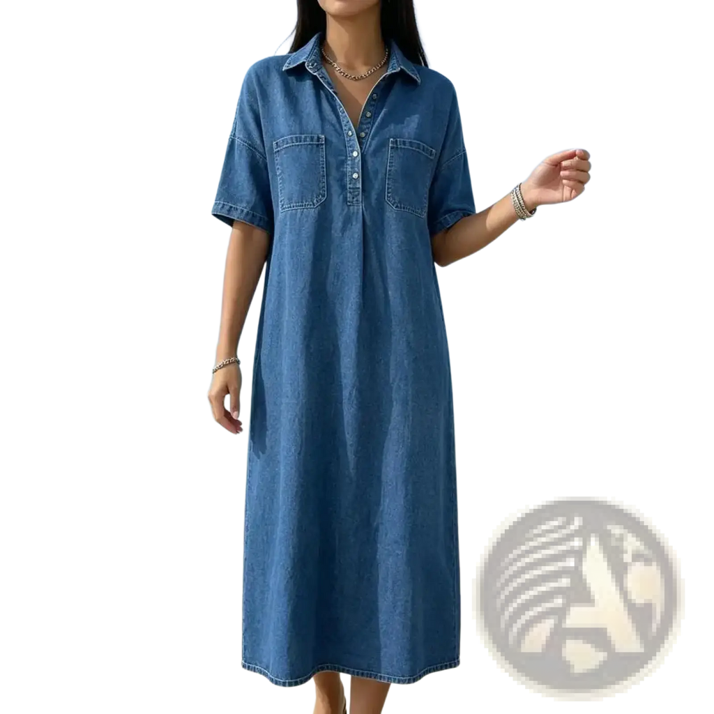 A blue denim shirt dress with short sleeves collar and two front pockets for casual wear