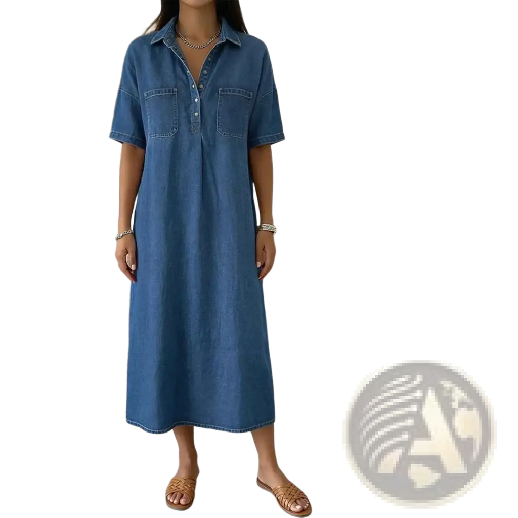 Blue denim shirt dress with short sleeves and button-front design for casual wear in midi length