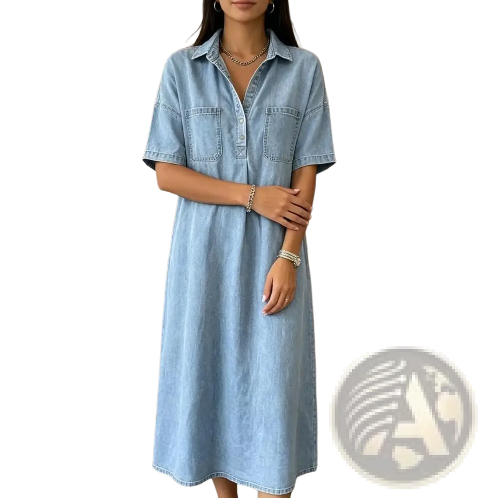 Light blue denim shirt dress with short sleeves and two front pockets ideal for casual wear and midi length