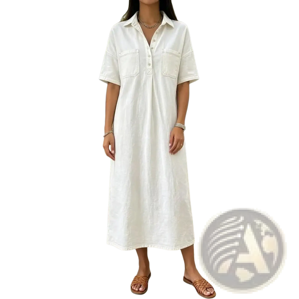 White cotton shirt dress with short sleeves and button-front design ideal for casual wear