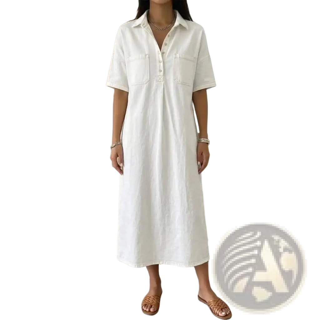 White cotton shirt dress with two front pockets and a button-down collar perfect for casual wear