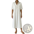 Women denim shirt dress casual short sleeve midi dress in white with button-up front, two pockets, and relaxed fit