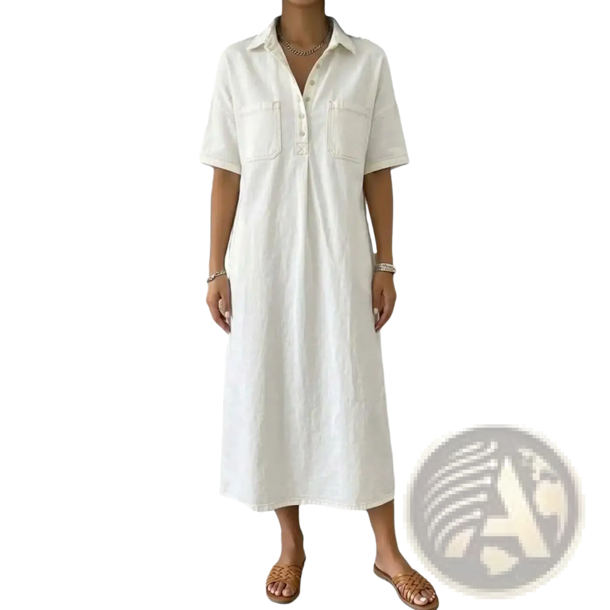 Women denim shirt dress casual short sleeve midi dress in white with button-up front, two pockets, and relaxed fit