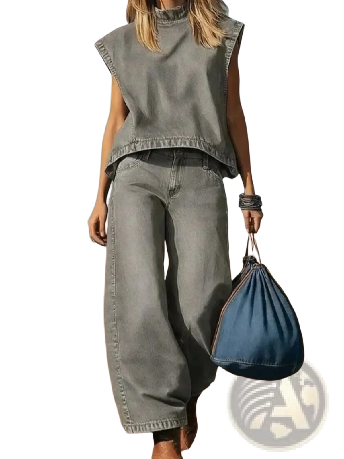 Women denim two piece outfit casual sleeveless set featuring a deep blue denim drawstring bag with brown leather handle