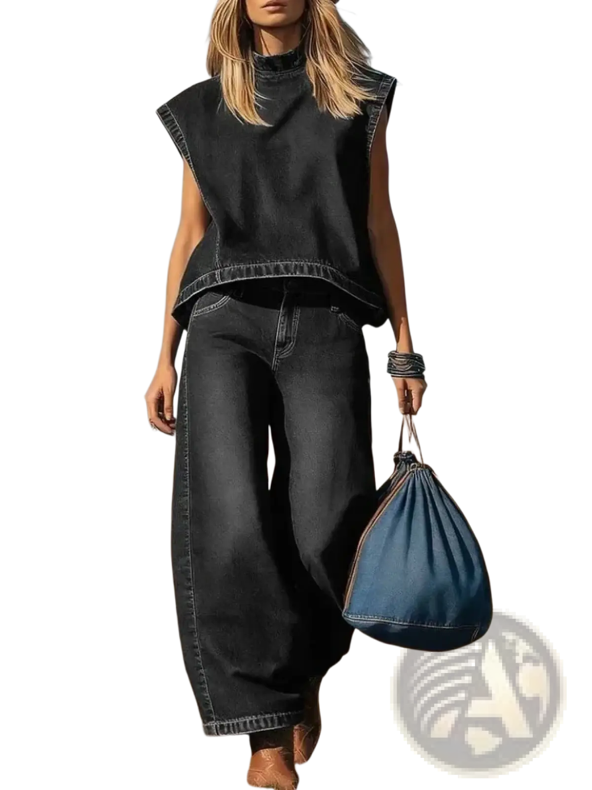 Blue denim drawstring bag paired with women denim two piece casual sleeveless outfit set visible from front view