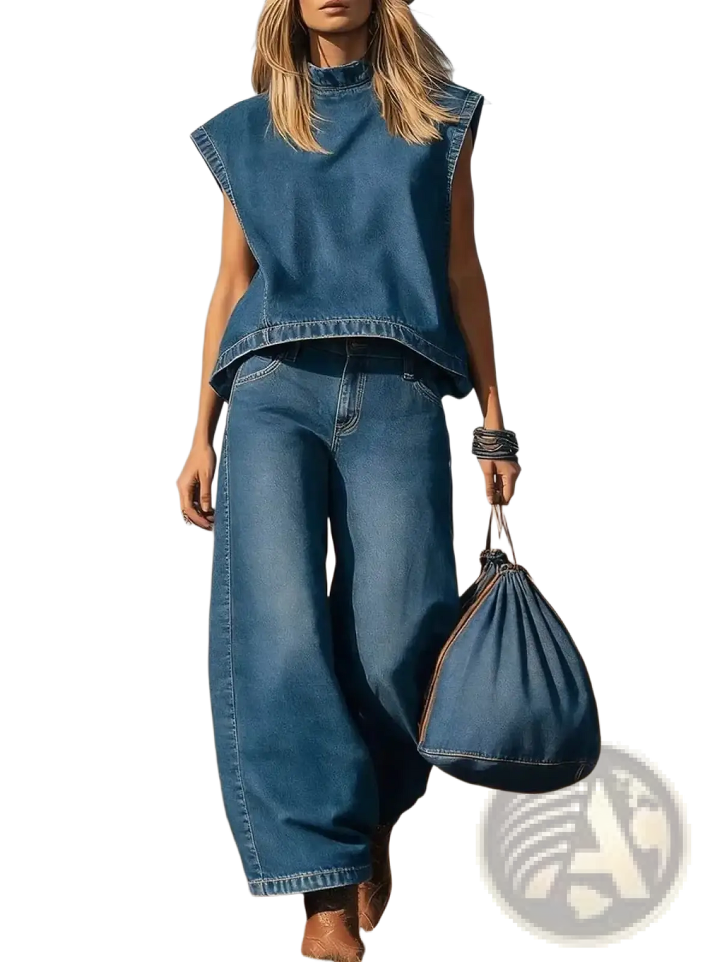 Blue denim drawstring bag with brown leather handles shown with women denim two piece outfit casual sleeveless set