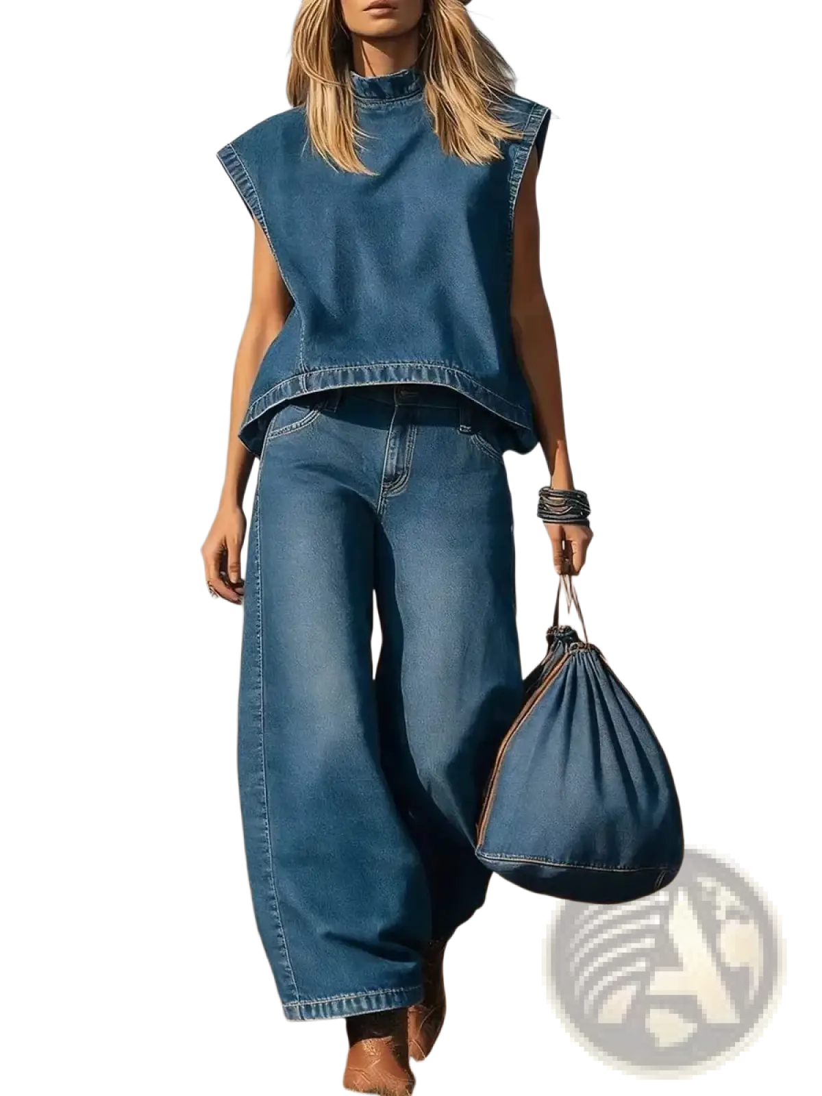 Blue denim drawstring bag with brown leather handles shown with women denim two piece outfit casual sleeveless set