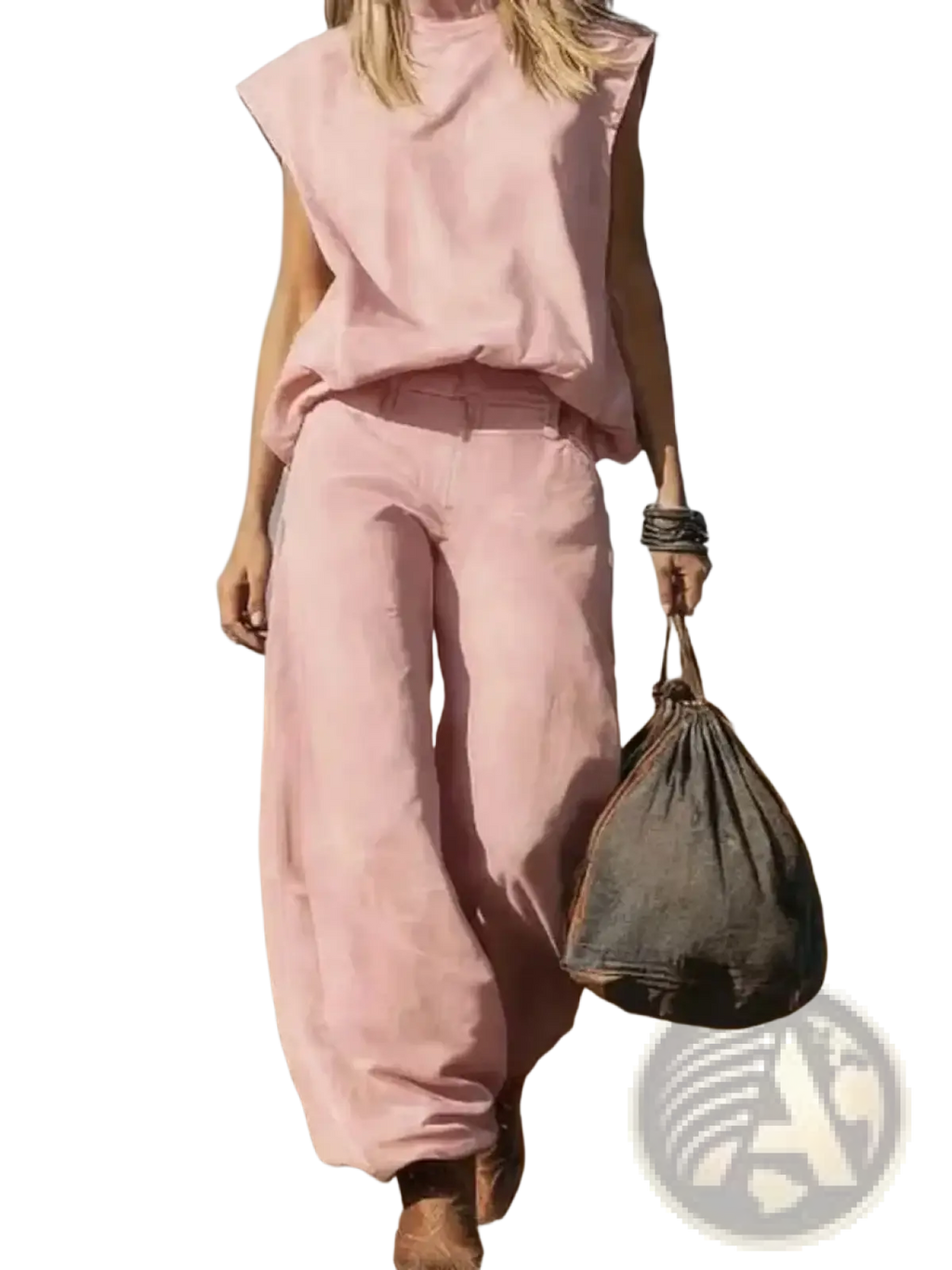 Women denim two piece outfit with a soft pink sleeveless top featuring a relaxed loose fit for casual wear