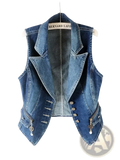 Women denim vest jacket casual sleeveless outerwear in blue denim with tailored blazer cut silver buttons and side zippers
