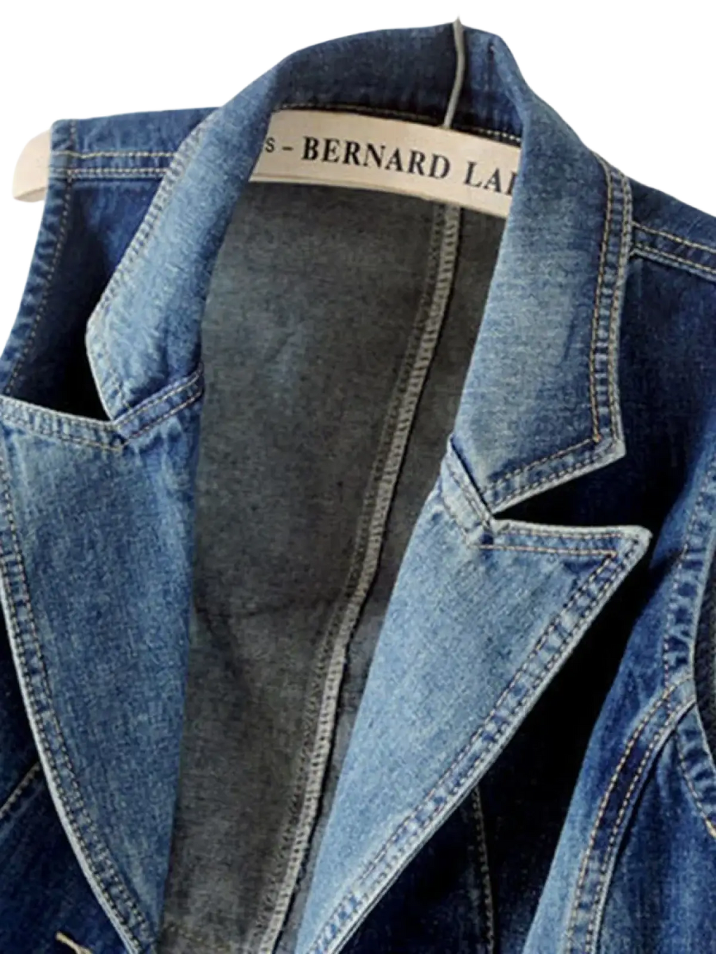 A blue denim vest jacket with gray inner lining and bernard lavoisier tag for casual sleeveless outerwear women
