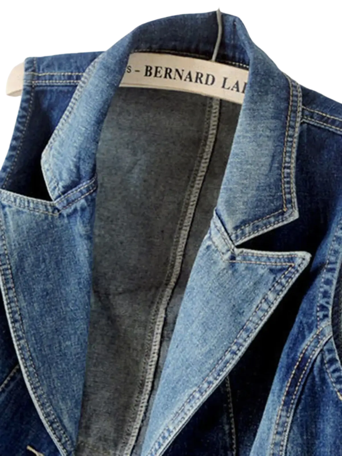 A blue denim vest jacket with gray inner lining and bernard lavoisier tag for casual sleeveless outerwear women