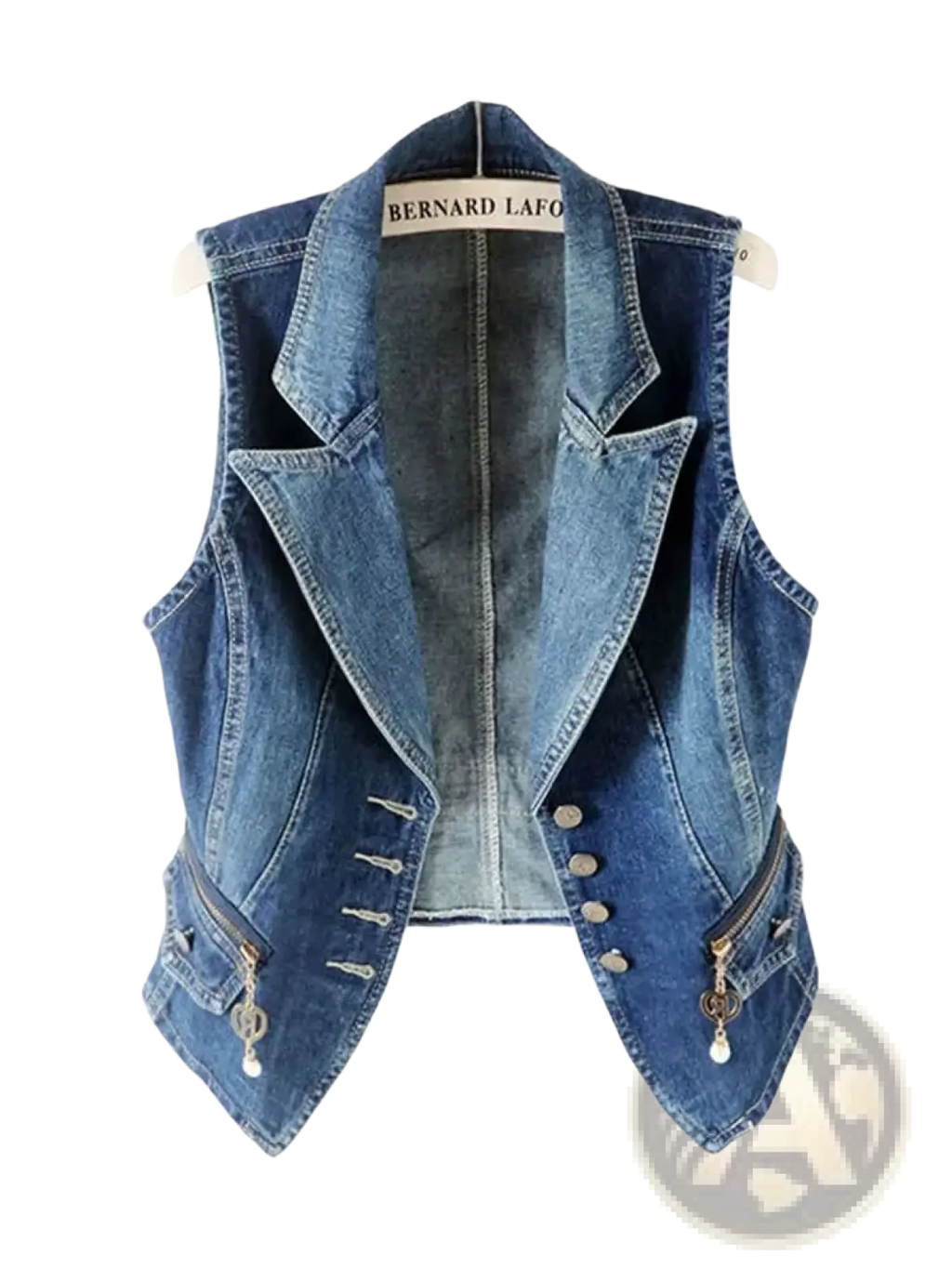 Women denim vest jacket casual sleeveless outerwear in blue denim with tailored blazer design silver buttons and zipper accents