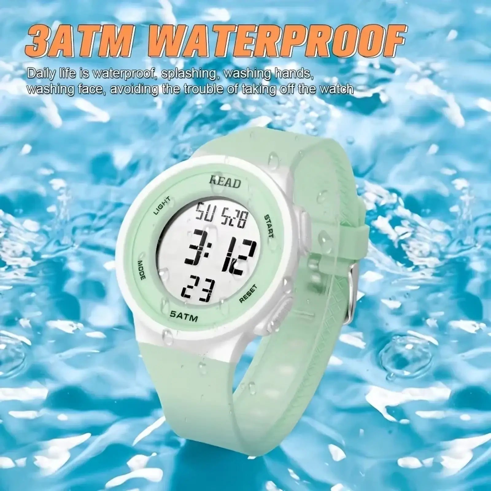 Women digital led watch with light green silicone strap white bezel black led display and read branding waterproof sport timepiece