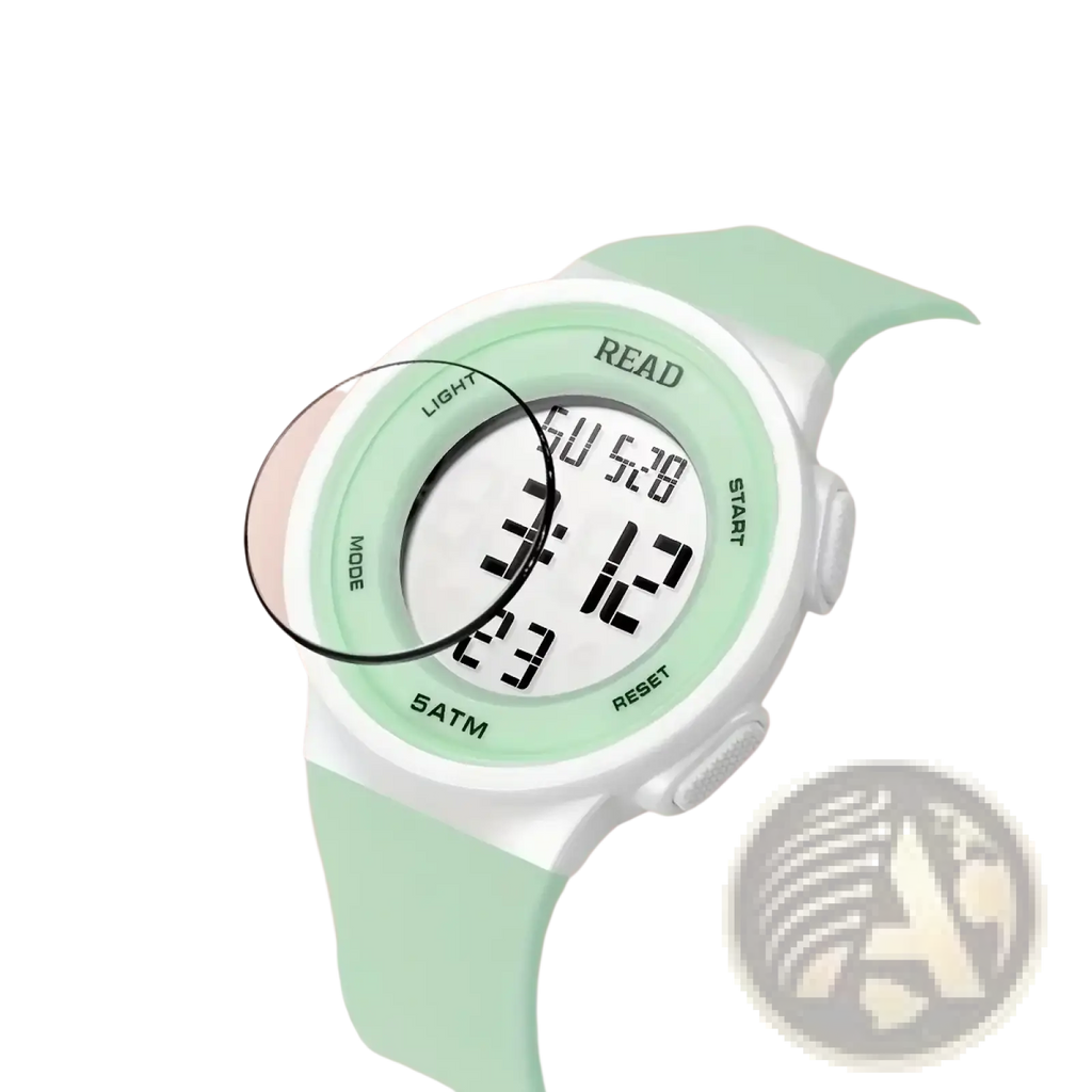 A mint green and white waterproof digital led sports watch with a silicone strap for women