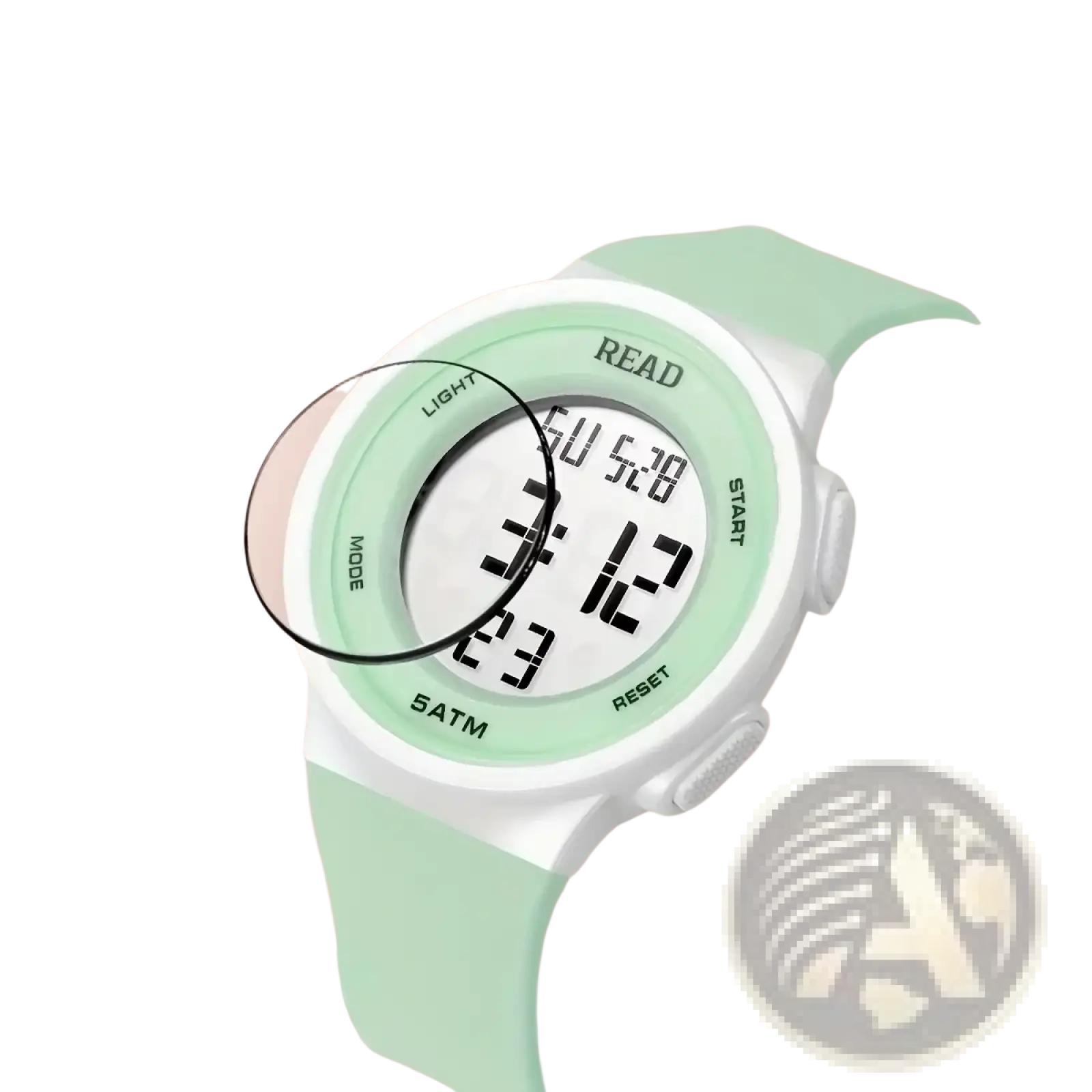 A mint green and white waterproof digital led sports watch with a silicone strap for women