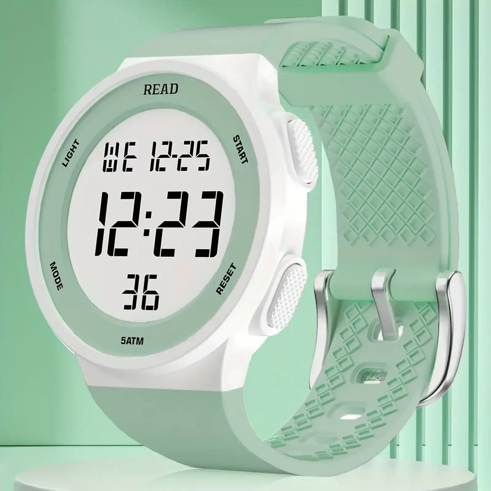 A mint green and white waterproof women digital led watch with a textured silicone strap for sports use
