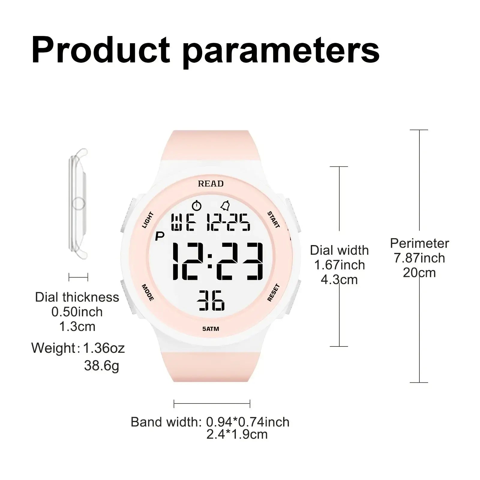A sleek women digital led watch with a soft pink silicone band and white face displaying time 12 23 waterproof sport timepiece