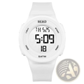 White digital led sports watch for women with waterproof silicone band and bold black numerals on display