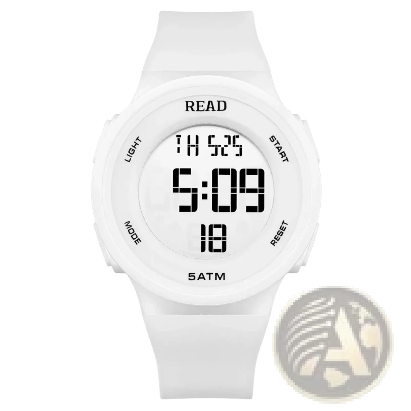 White digital led sports watch for women with waterproof silicone band and bold black numerals on display