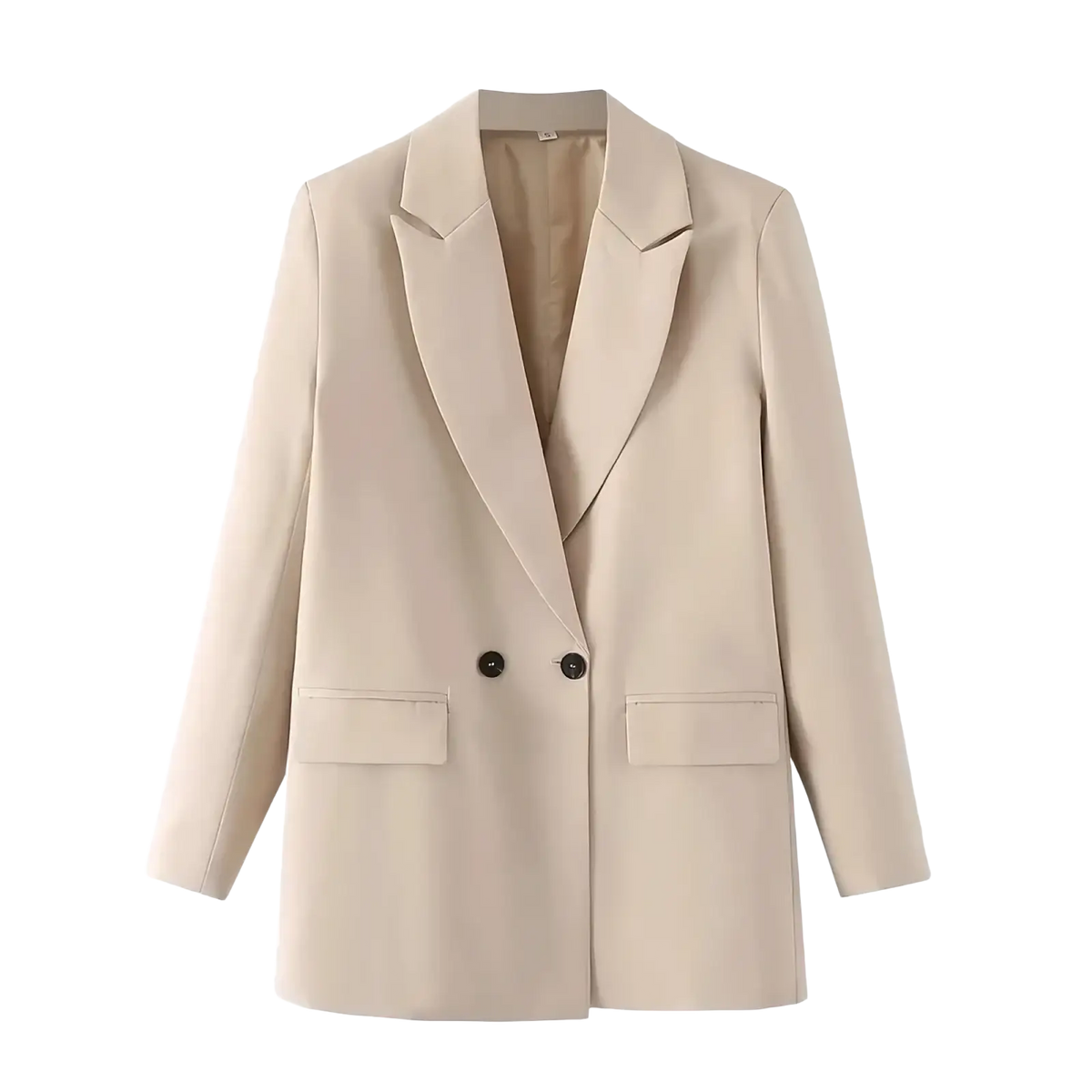 Beige women double breasted blazer with notched lapels and two front flap pockets office jacket