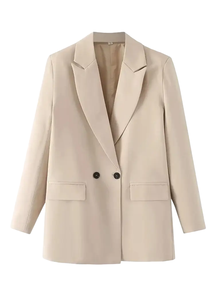 Beige women double breasted office blazer jacket with notched lapels and dark buttons made of premium fabric