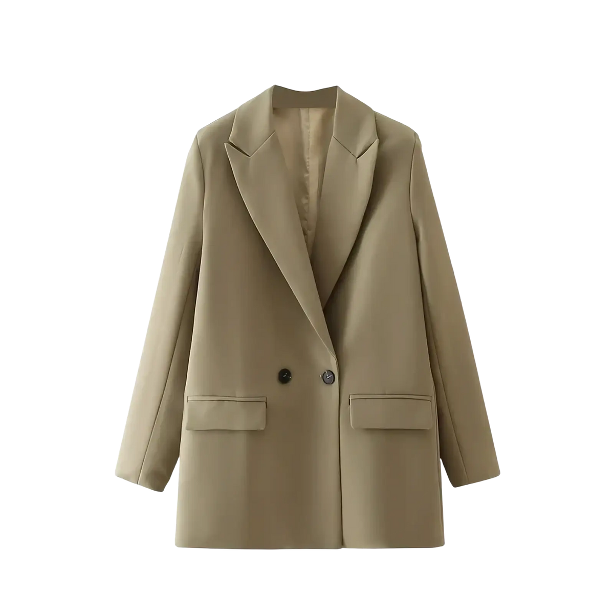 Beige women double breasted blazer with notched lapels and two front flap pockets office jacket