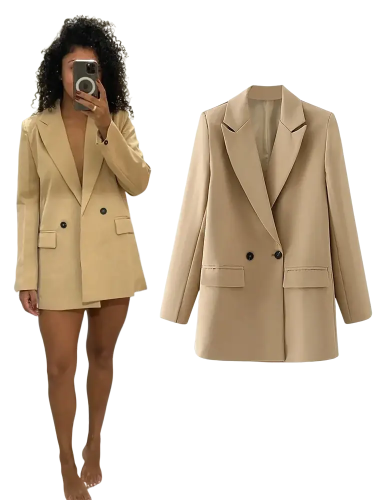 Beige women double breasted blazer office jacket with black buttons and flap pockets for professional wear