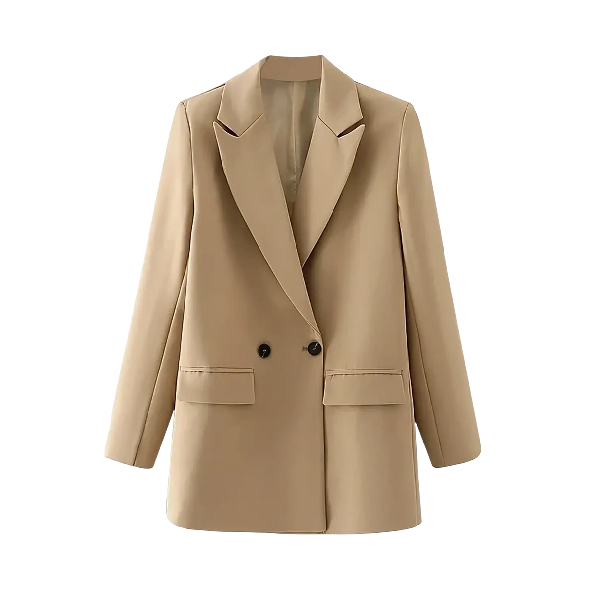 Beige women double breasted office blazer jacket with black buttons and flap pockets for professional wear
