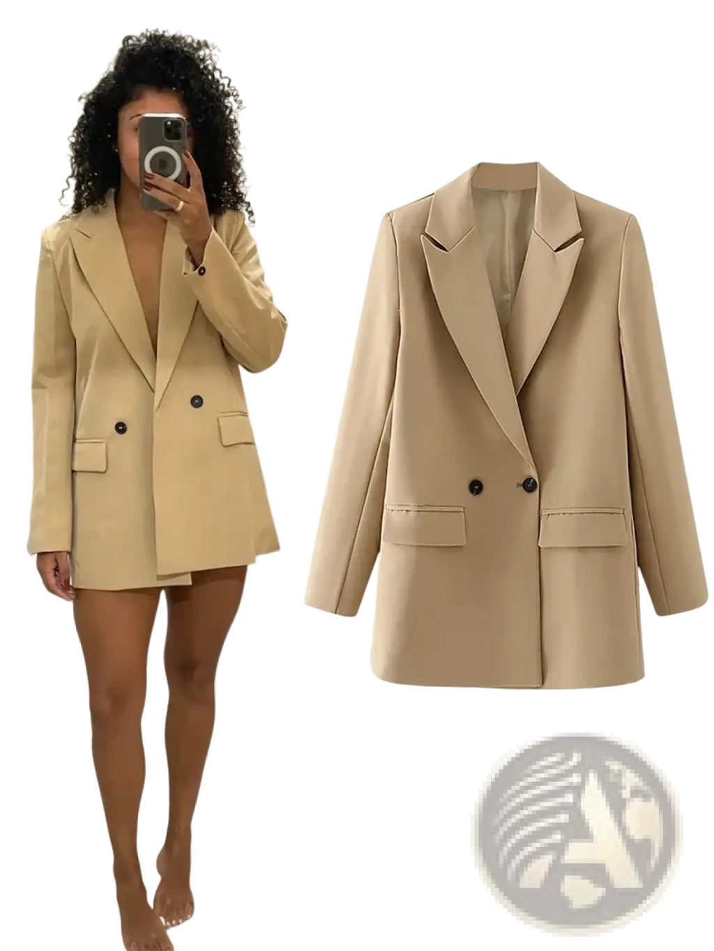 Beige women double breasted blazer office jacket with black buttons and flap pockets for professional wear